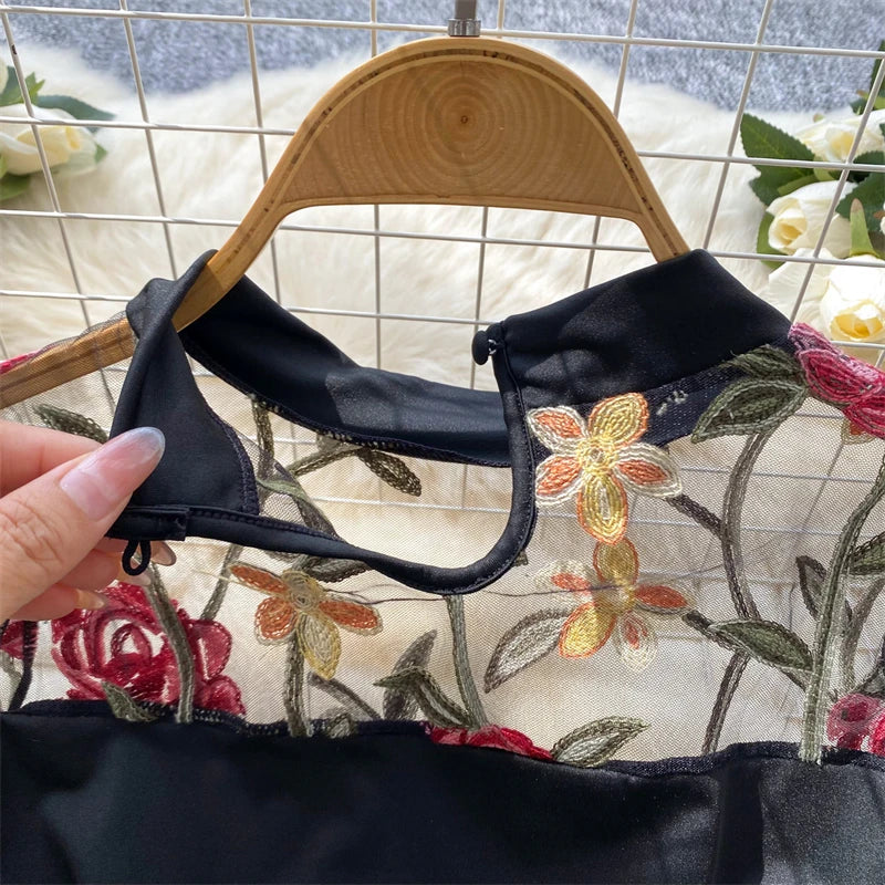 Women's Black Gothic Vintage Jumpsuits Y2k Harajuku Embroidery Overalls Korean Aesthetic 2000s Exotic Sexy Mesh Rompers Clothes