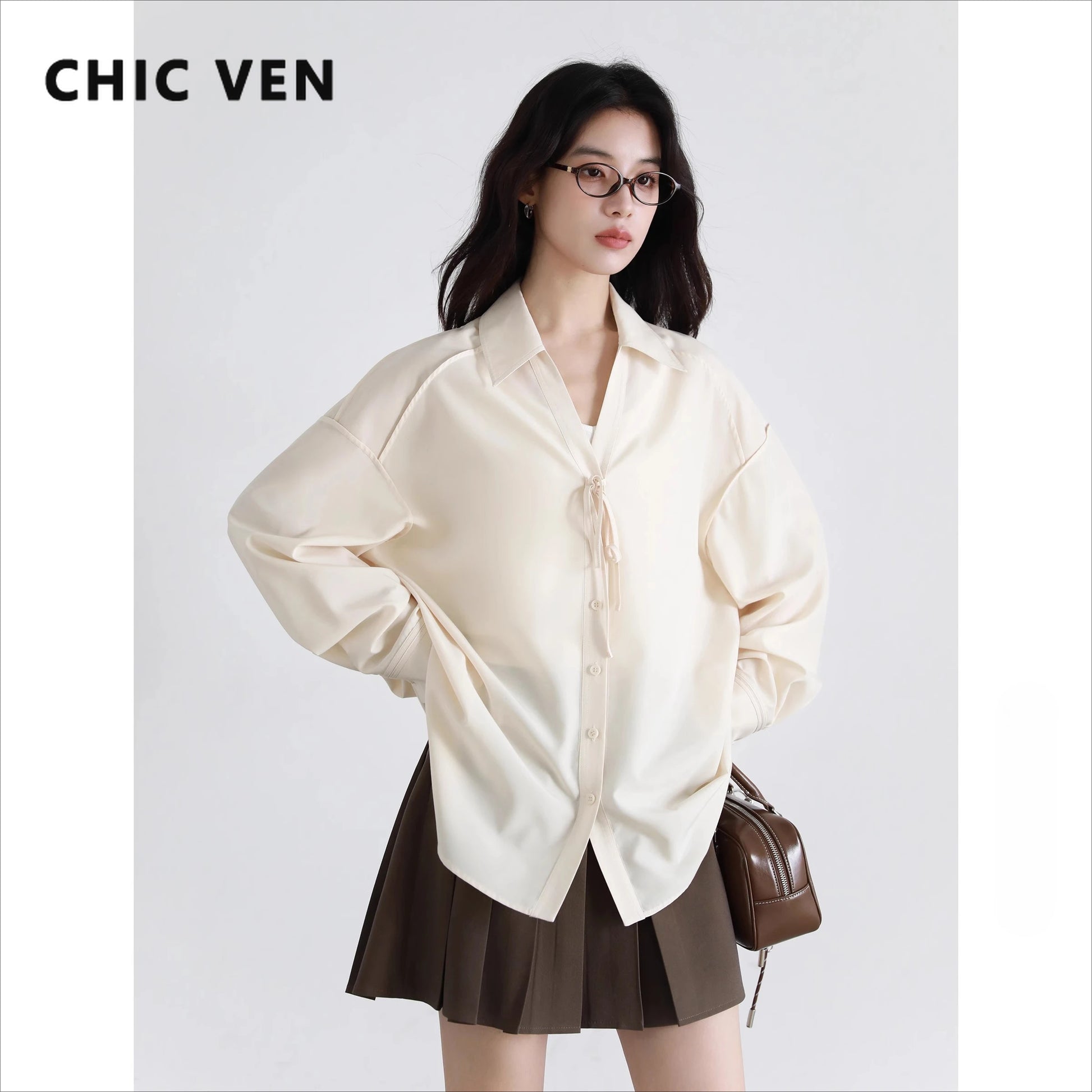 CHIC VEN Women Shirt Loose Casual Solid New Lapel Tie Design Sun Protection Blouses Long Sleeved Female Coat Summer 2025