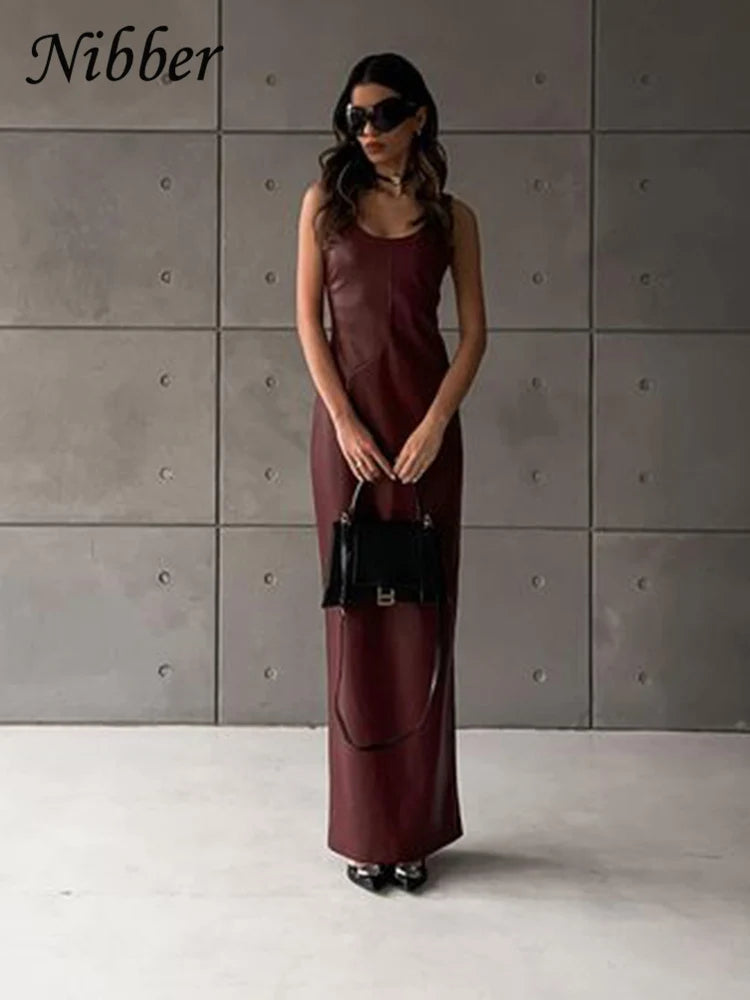 Nibber Vintage Elegant Dress Women Summer Leather Classic Sleeveless Slits Basic Simple Trend Solid Stretch Party Long Bodycon