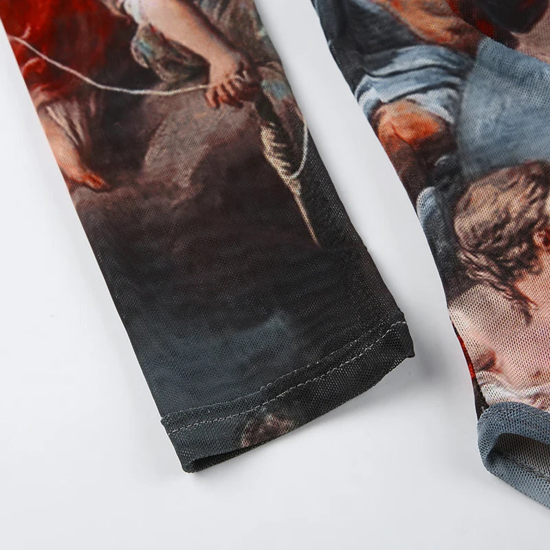 Rockmore  Vintage Printed Mesh Bodysuits Women Lace Bow Square Neck High Waist Wrapping Long Sleeve Bodysuit Halloween Christmas