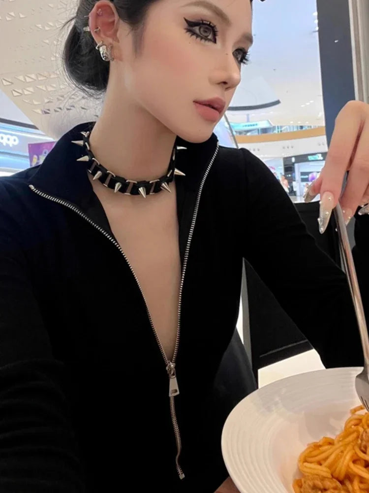 2024 Harajuku Designer Black Jumpsuits Y2k Aesthetic Bodycon Simple Fairy Zipper Tshirt Women Slim Fit Streetwear T Shirt Spring