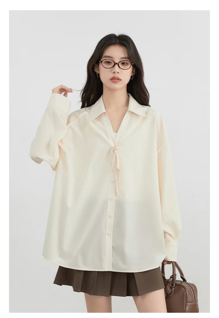 CHIC VEN Women Shirt Loose Casual Solid New Lapel Tie Design Sun Protection Blouses Long Sleeved Female Coat Summer 2025