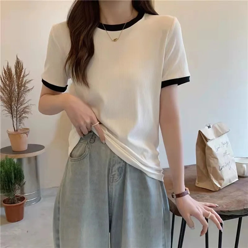 Summer Women Pure Color Short Sleeve T-shirt Elastic Slim Fit Large Round Neck Thin Body Shirt Top Korean Style Casual Comfort