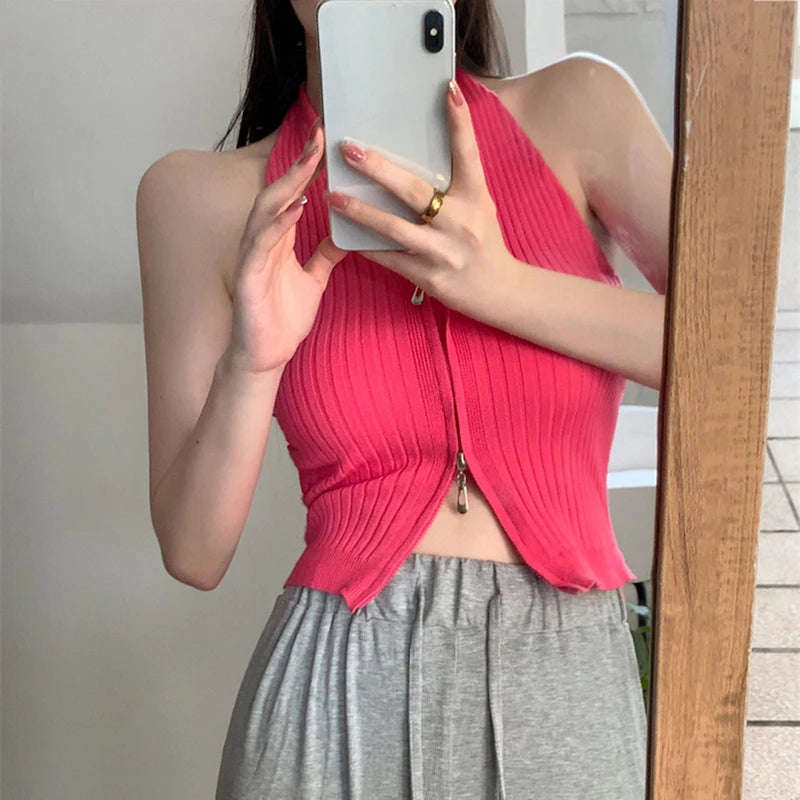 V-neck Camis Women Hotsweet Sexy Halter Crop Tops Zipper Streetwear Pure Sleeveless Chic