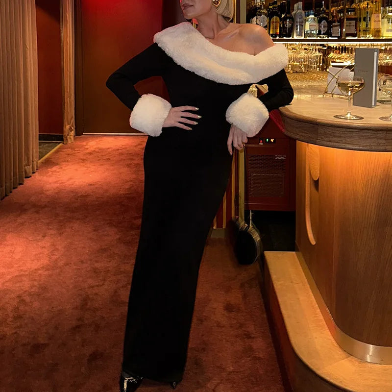 Tossy Fluffy Winter Slim Maxi Dress Female High Waist Long Sleeve Sexy Off-Shoulder Patchwork Bodycon Dress Ladies Party Dress