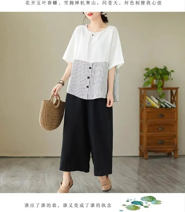 Summer New Plus Size Women's Fashion Striped Patchwork Tops Tees Youth Short Sleeve Loose Vintage T Shirts Casual Trend Clothing