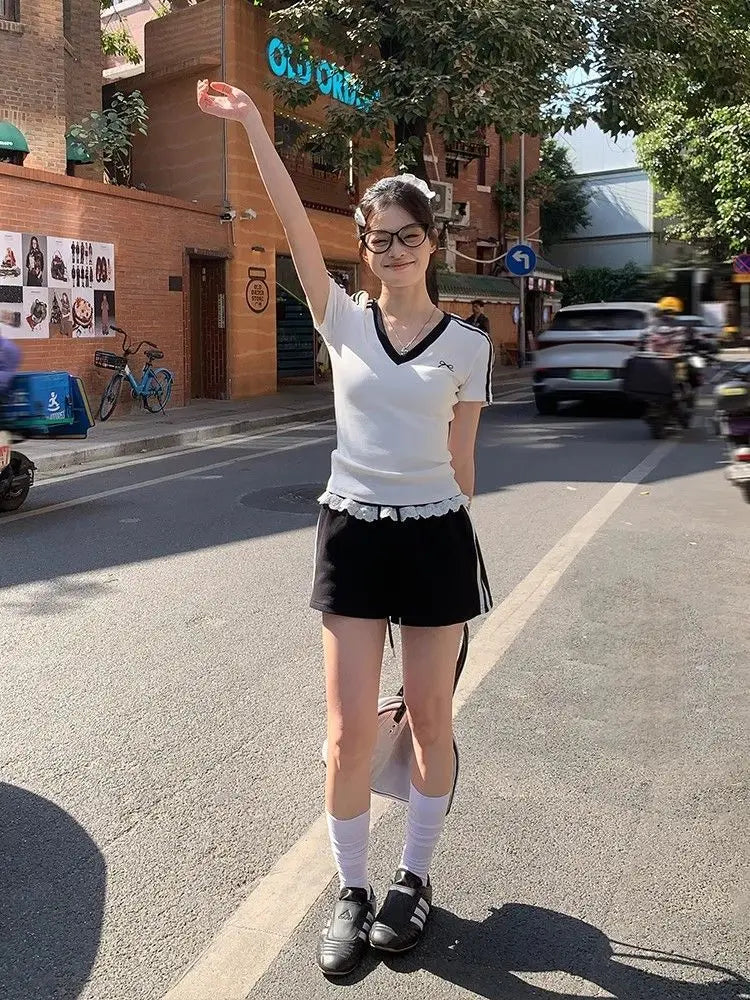 Women Clothing Summer Fashion Casual Striped Color Blocking V-neck Ladies Ladies Simplicity All-match Appear Thin Short Sleeve