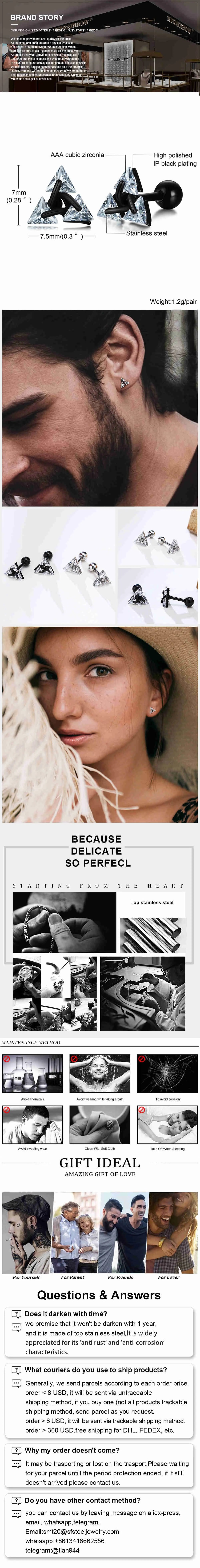 Men Stud Earring,Triangle Pierced Crystal Zircon Stud Earrings,Stainless Steel Tiny Minimalist Studs for Mens Women Jewelry