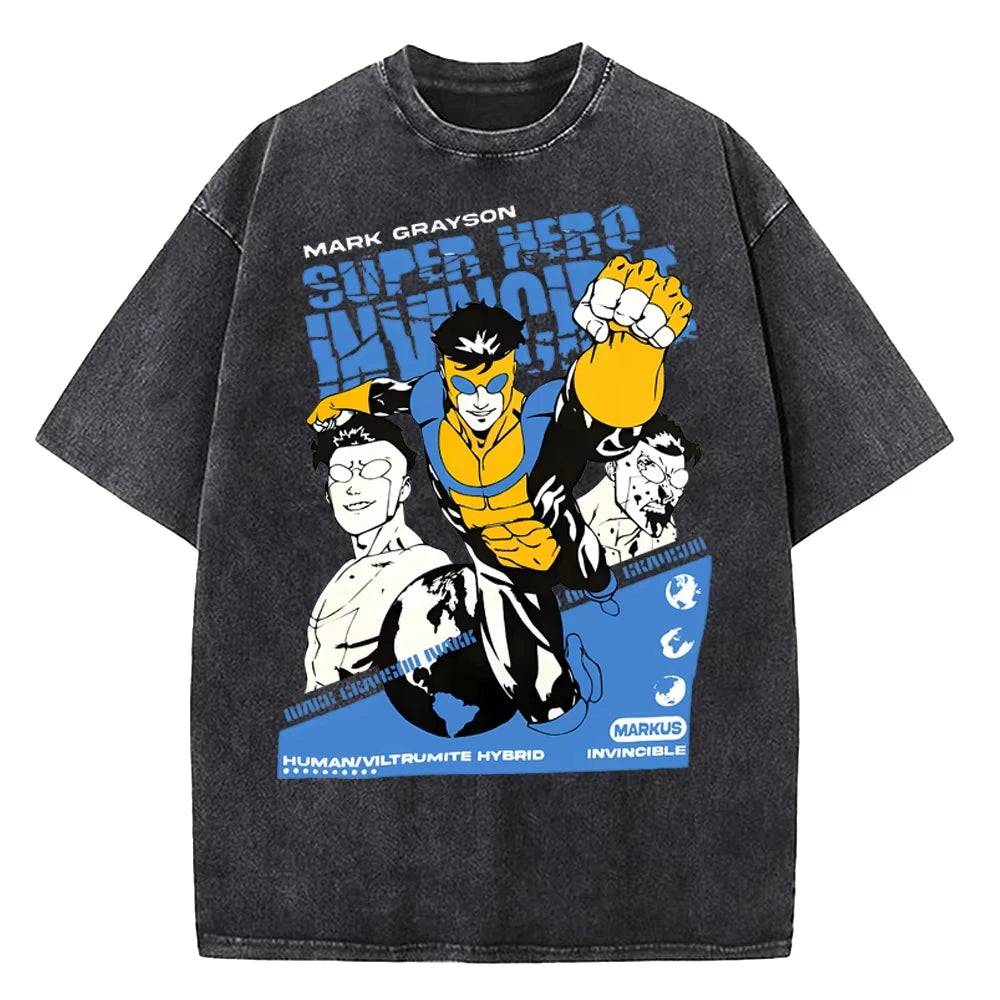 2025 Summer T-Shirts Men Women Invincible Hero Vintage Washed High Quality Cotton Clothes Short Sleeve Crew Neck Tee Shirt