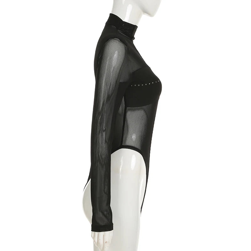 IAMSURE Sexy Patchwork Mesh Bodysuits See Through Turtleneck Long Sleeve Rompers Women 2024 Autumn Spring Fashion Streetwear