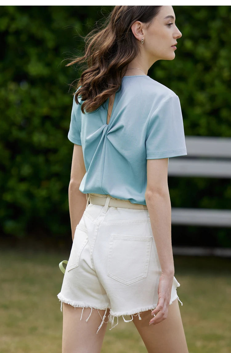 AMII Minimalism 100% Cotton Hollow Out Solid Short Sleeves Tees 2025 Spring New V Neck Top Women Casual Female T Shirt 12342289