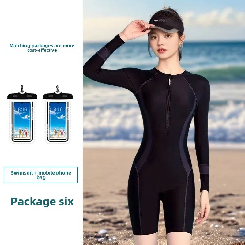 Conservative One-Piece Swimsuit for Women Long Sleeve Thermal Spa Swimwear Slimming Hide Meat Effect Surfing Thermal Spa Swimsui