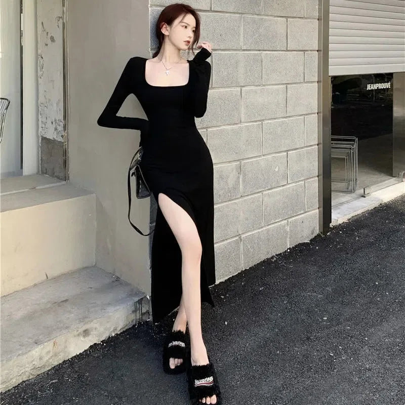 Slim Fitting Warp Hip Dress Sexy Side Slit Long Sleeve Spring Summer 2025 New Black Maxi Dresses Bodycon Women Streetwear Robe