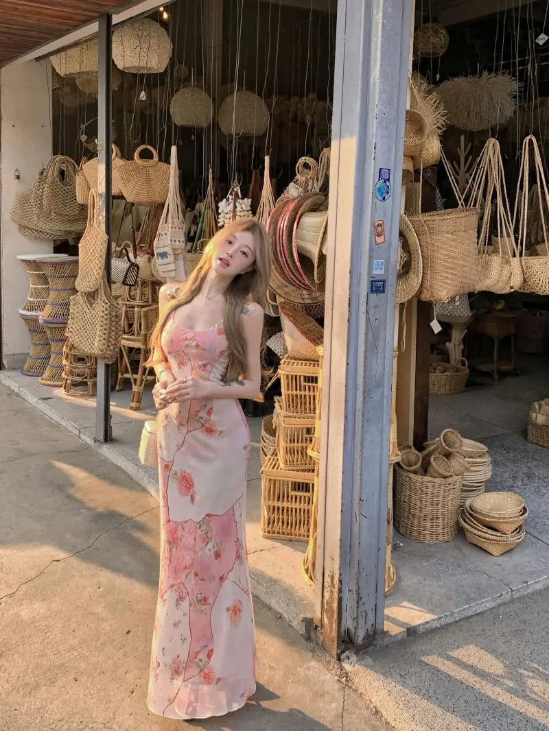 Summer Floral  Boho Dress Women Sleeveless Slim Fit Party Midi Dress  Mesh Patchwork Long Bodycon Elegant Beach Holiday Dress