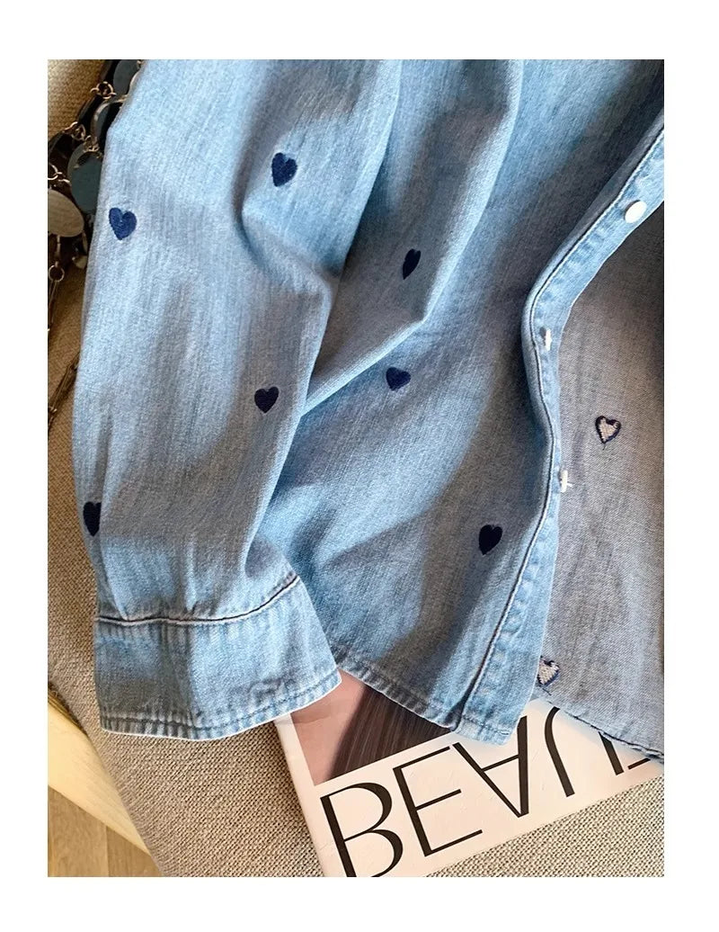 American Retro Blue Soft Denim Shirt Women's Spring Autumn Heart Print Thin Coat Casual Versatile Loose Long Sleeve Top Shirt