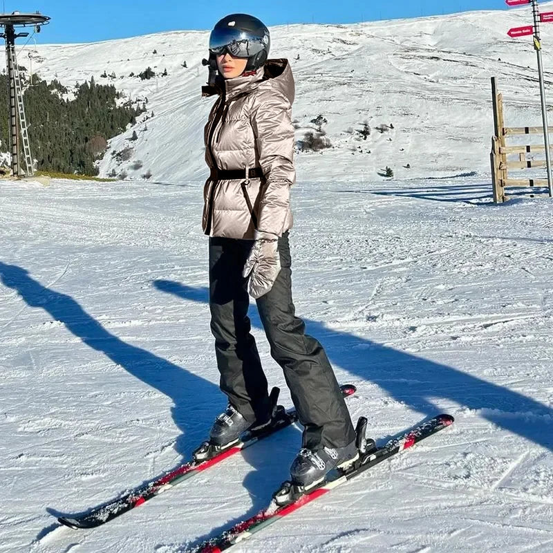 Fashion Hooded Padded Coats With Belt Women Slim Stand Collar Full Sleeve Pocket Coat Winter Lady Thicken Warm Skiing Jacket