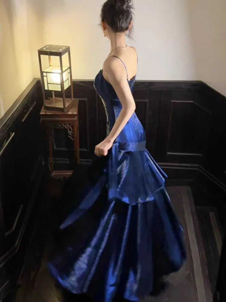 Elegant Romantic Party Women's Spaghetti Strap Dress Female Blue Ruffles Slim Fit Mermaid Dresses Chic Banquet Formal Gown