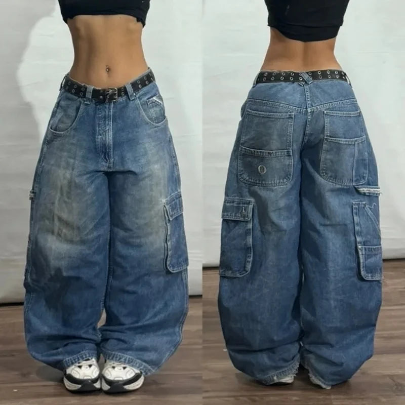American New Fashion Letter Embroidery Stitching Old Baggy Jeans Women Y2K Harajuku  Popular High Waist Wide Leg Trousers