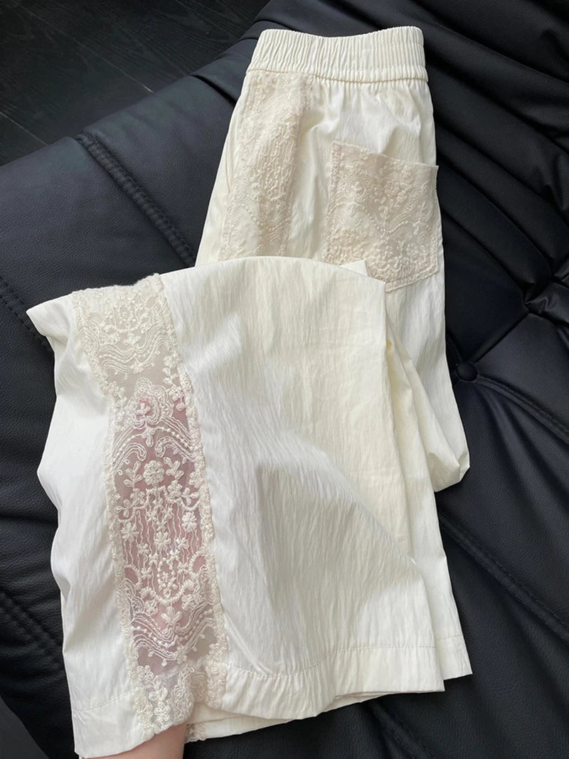 Zoki Lace Patchwork Sweet Pants Women Casual Korean High Waist Fashion Straight Trousers Loose Chic Female Summer Design Pants