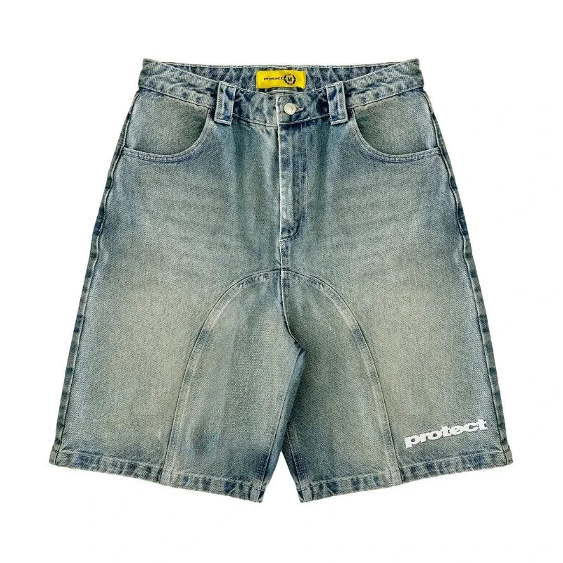 HOUZHOU Y2k Vintage Harajuku Short Jeans Women Washed Embroidery American Retro Man Denim Jorts Baggy Hip Hop Streetwear Summer