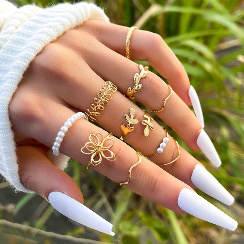 Vintage Shiny Zircon Butterfly Heart Ring Set Gold Color Boho Elegant Eyes Moon Geometric Rings Women Party Jewelry