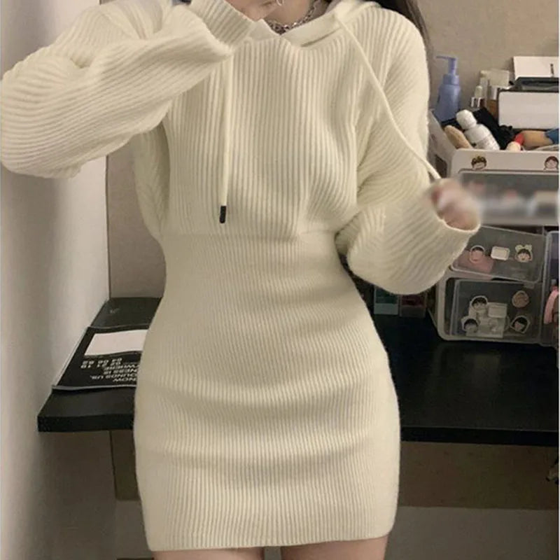 Sexy White Thicken Knit Mini Dress Woman Korean Elastic High Waist Bandage Dresses Women Hooded Outwear Long Sleeve Slim Dress