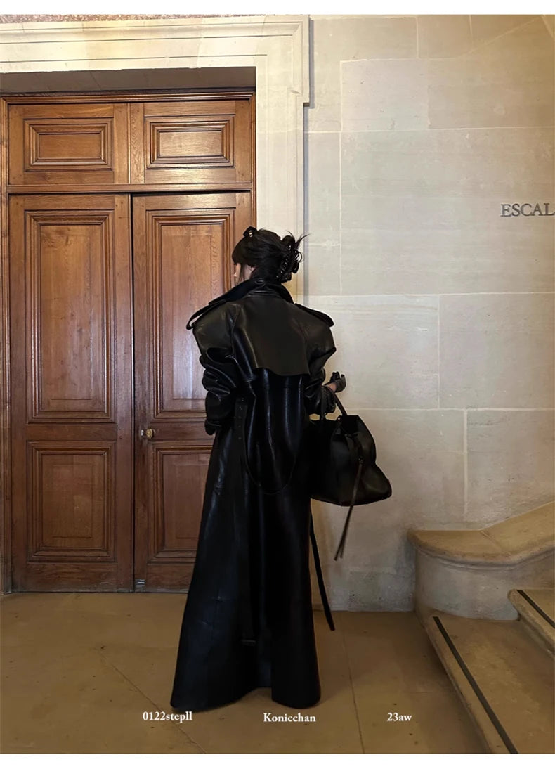 Lautaro Spring Autumn Extra Long Black Pu Leather Trench Coat for Women with Back High Slit Luxury Chic European Fashion 2024