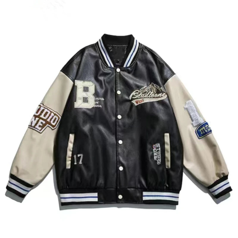 American retro letter embroidery leather Jacket Coat women's Y2K street hip-hop trend baseball suit couple casual leather jacket