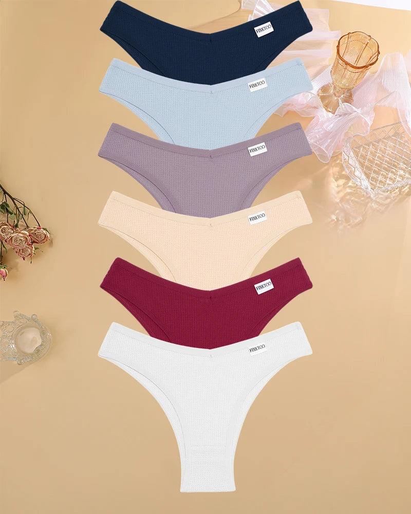 6PCS/SET Women's Waffle Cotton V-Waist Panties Multi-Color High Elasticity Brazilian Bikini Lingerie Set Sexy Female Underwear