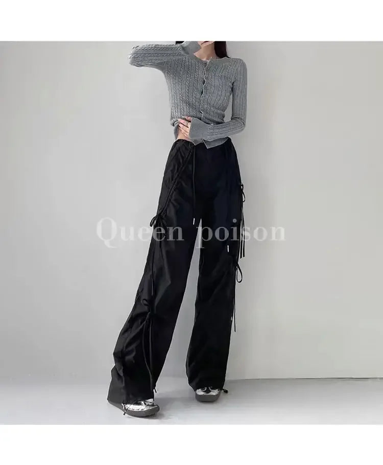 American Style Women's Summer Cargo Pants With Bowmint Green Drawstring Casual Bell Bottoms New 2024 Fashion Trend Long Pants