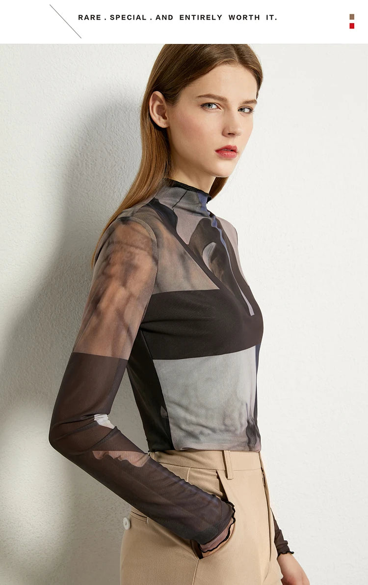 AMII Minimalism Long sleeve T-shirts for Women 2025 Spring New Bottoming Shirt Mesh Printing Inside Slim Trendy Tops 12421003