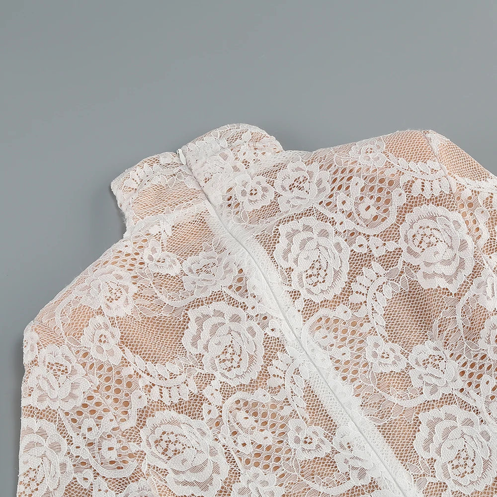 2024 New Autumn White Black Women Sexy Long Sleeve Lace Bodycon Draped Bodysuit Fashion Performance Costume Stage Wear