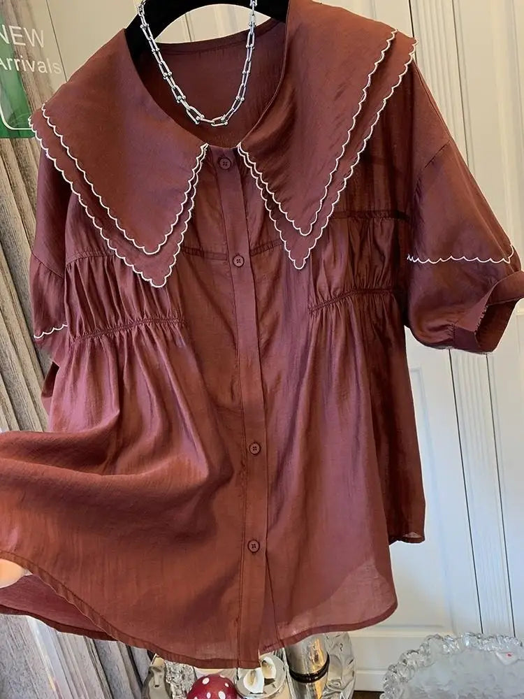 Double Peter Pan Collar Korean Loose Women tops Shirts Lantern Sleeve Shirts Summer Casual Blouse Girls New 2025