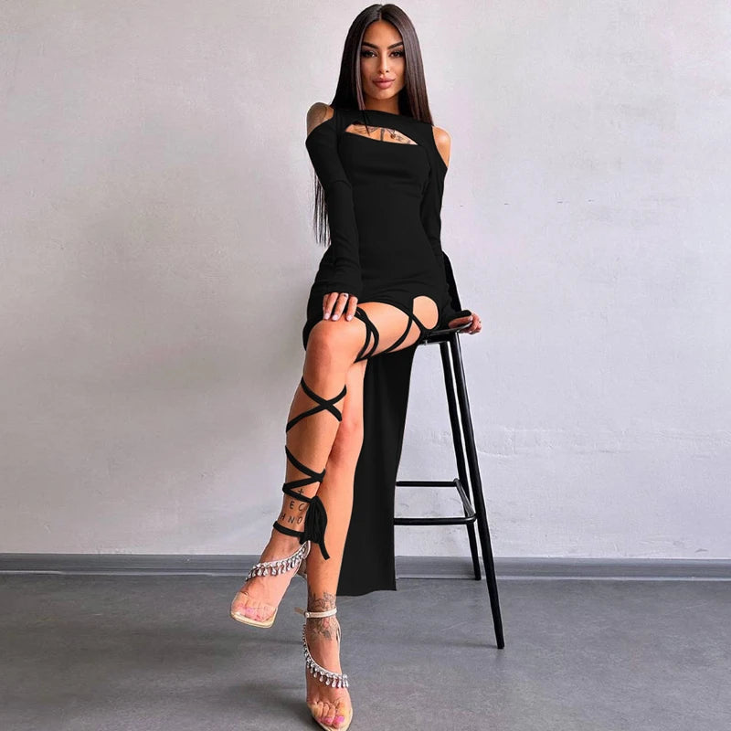 Hugcitar Long Sleeve Solid Hollow Out Slit Lace Up Elegant Sexy Bodycon Maxi Prom Dress 2023 Fall Women Birthday Party Outfit "