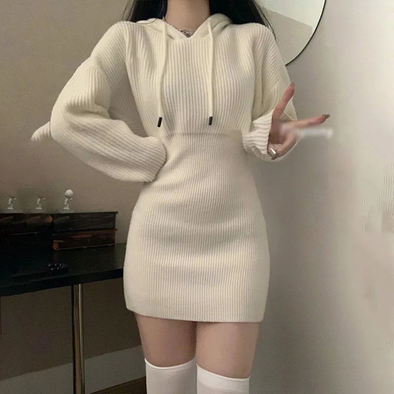 Sexy White Thicken Knit Mini Dress Woman Korean Elastic High Waist Bandage Dresses Women Hooded Outwear Long Sleeve Slim Dress