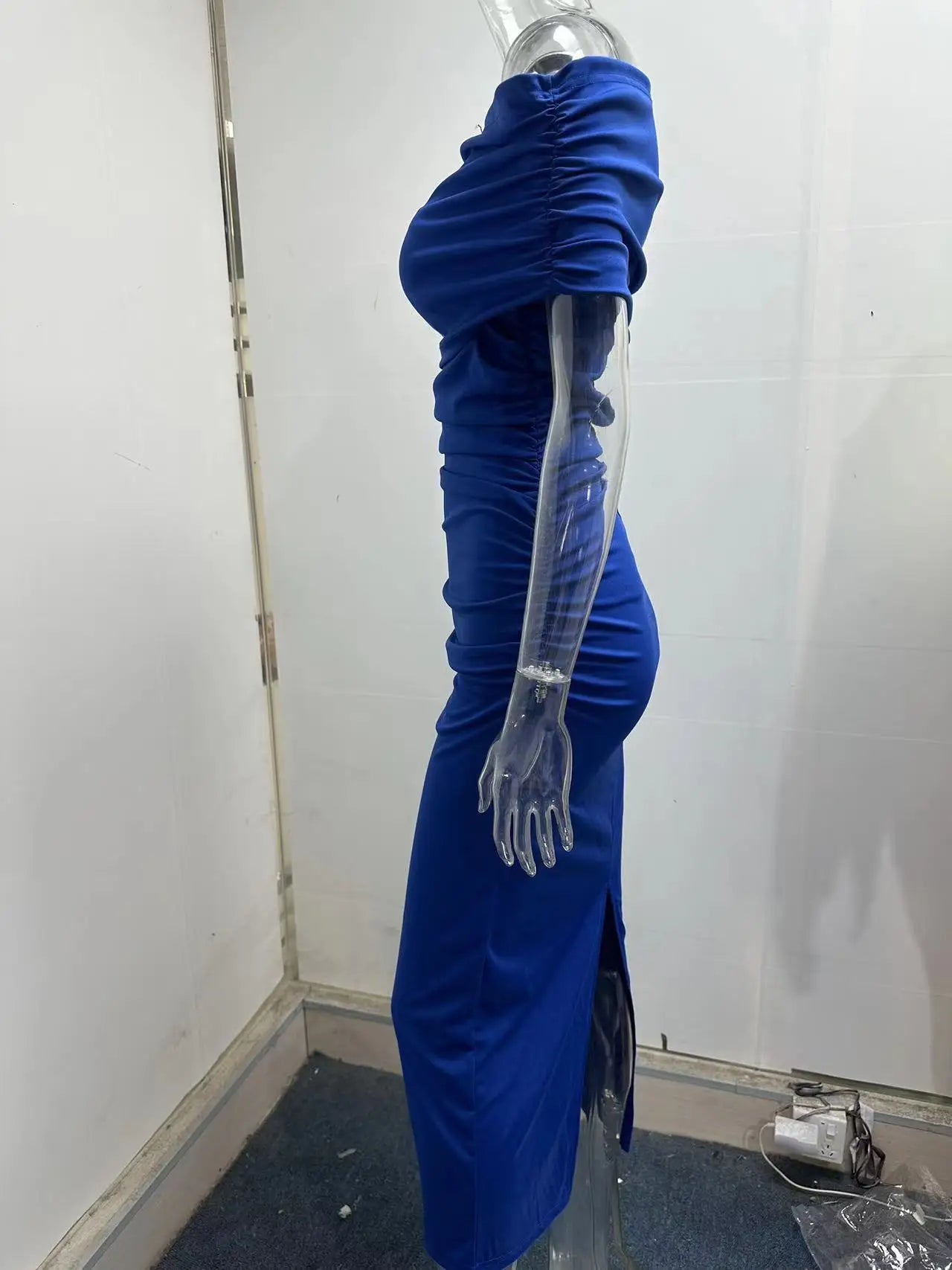 Spring European and American One Shoulder Pleated Dress Slim Fit and Slim Slim Slim Split Bottom Dress Long Dres