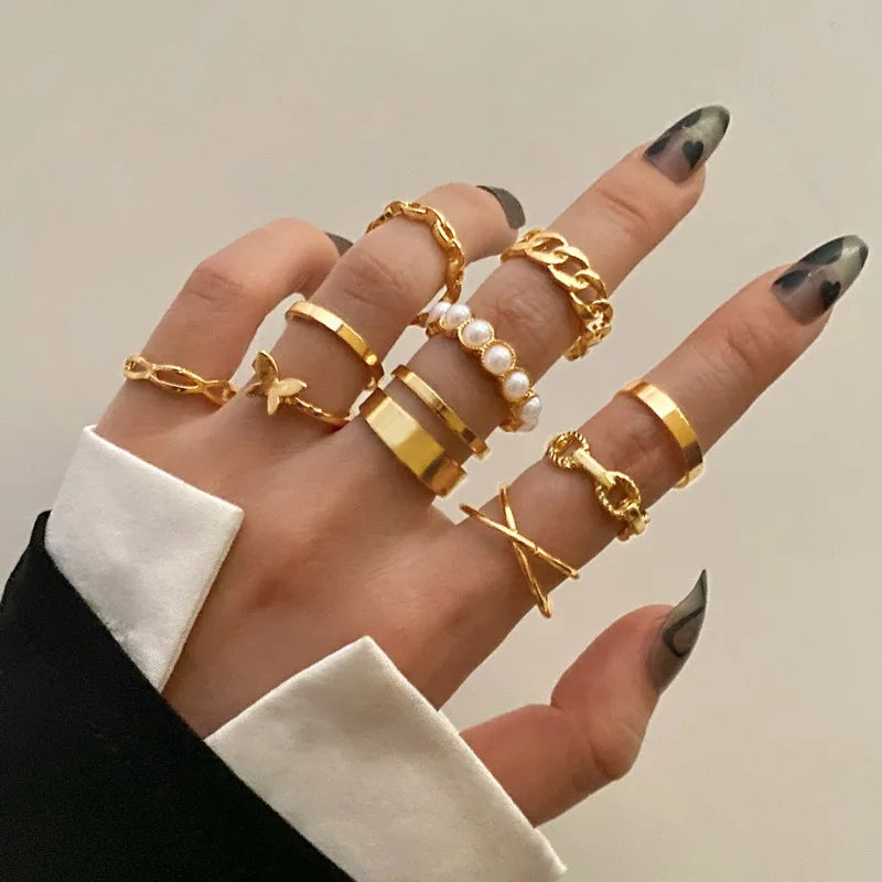 Vintage Shiny Zircon Butterfly Heart Ring Set Gold Color Boho Elegant Eyes Moon Geometric Rings Women Party Jewelry