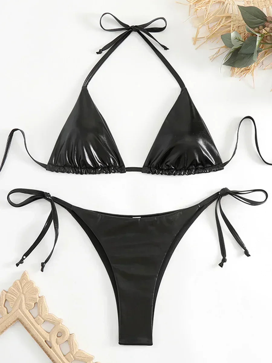 Sexy Shiny Pu Faux Leather Bikini 2025 Women Swimwear Female Swimsuit Two-pieces Bikini set String Bather Bathing Suit Swim Lady