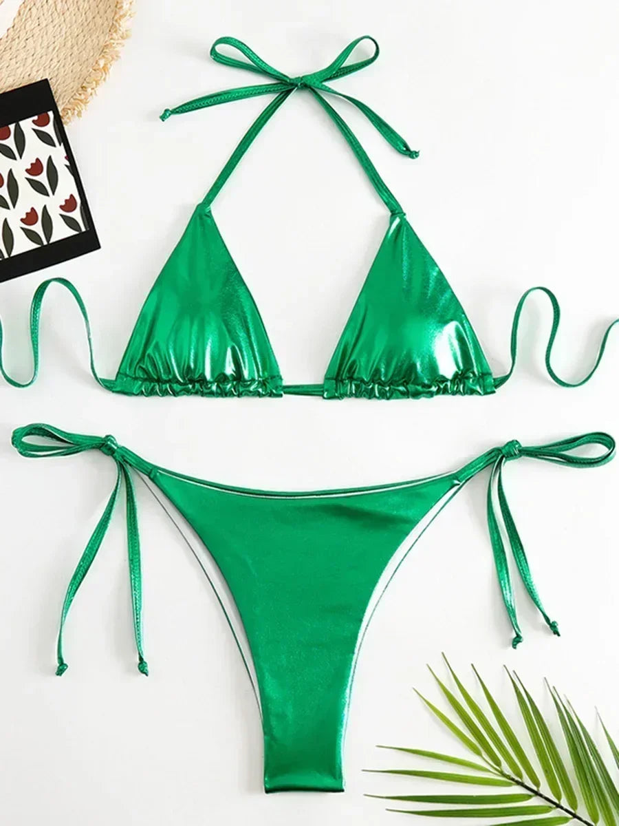 Sexy Shiny Pu Faux Leather Bikini 2025 Women Swimwear Female Swimsuit Two-pieces Bikini set String Bather Bathing Suit Swim Lady