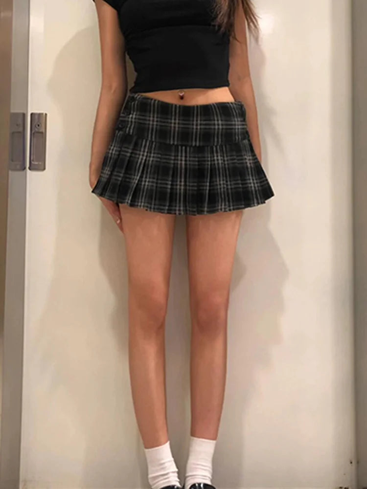 Zoki Y2K Plaid Pleated Skirts Women Harajuku Low Waist Sexy Mini Skirt Retro American Gothic Streetwear Casual Lady Slim Skirt