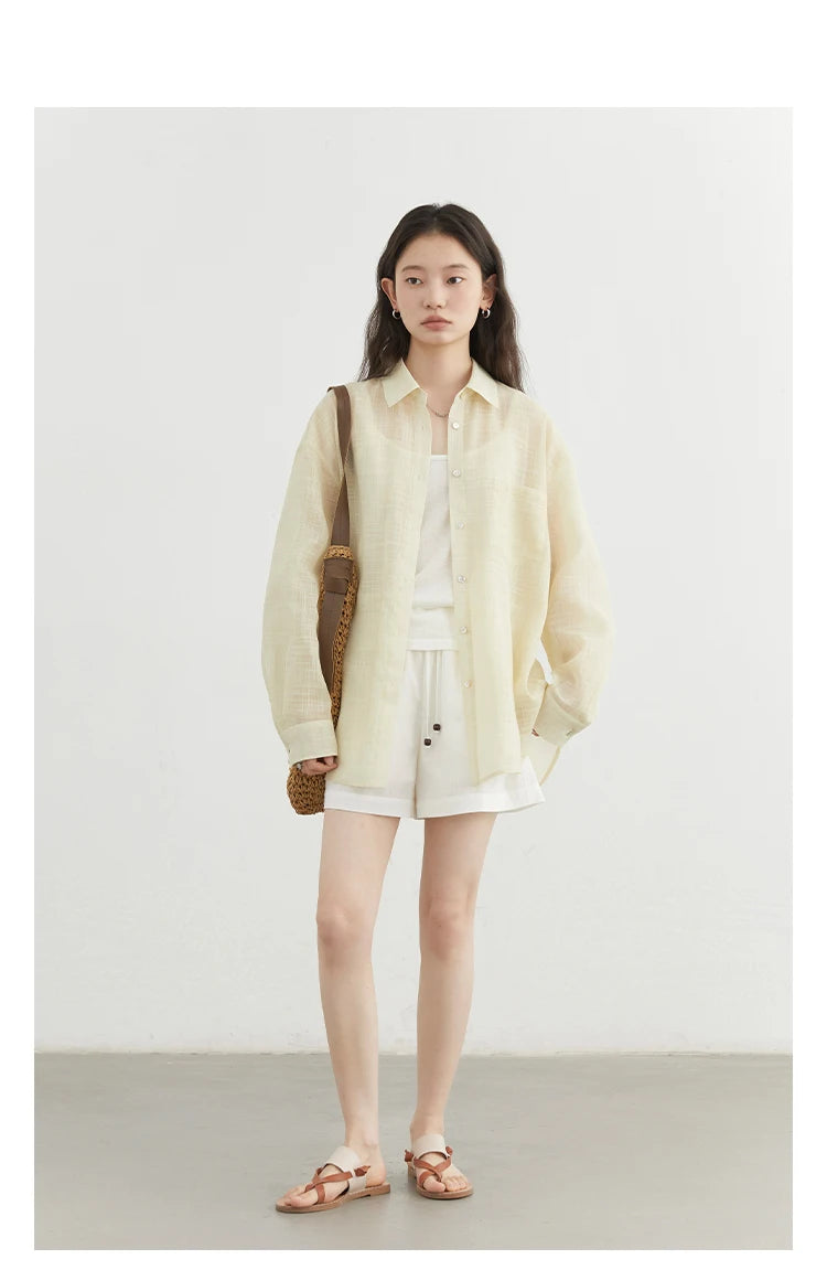 CHIC VEN New Women Shirt Retro Loose Casual Single Breasted Long Sleeve Back Slit Thin Transparent Female Blouses Summer 2025