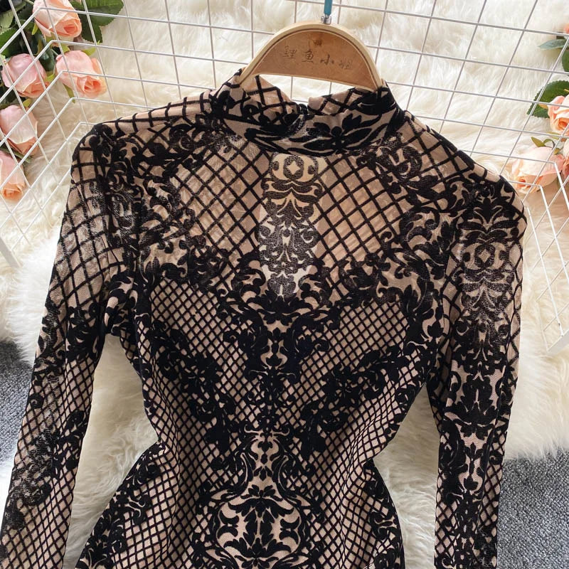 Autumn New Floral Print Bodysuit for Women Fashion Streetwear Elegant Stand Collar Long Sleeve Tight Fit Mesh Body Top Chic 2024