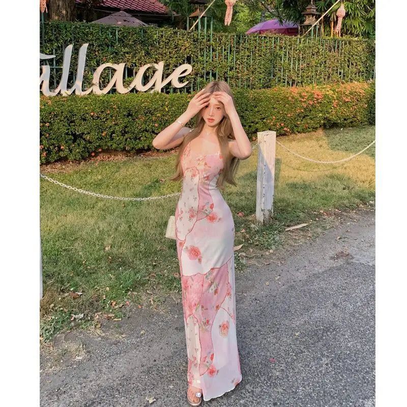 Summer Floral  Boho Dress Women Sleeveless Slim Fit Party Midi Dress  Mesh Patchwork Long Bodycon Elegant Beach Holiday Dress
