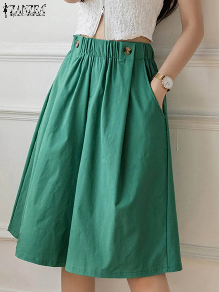ZANZEA Women Shorts Fashion High Waist Wide Leg Pants 2025 Summer Elastic Waist Pantalons Casual Solid Pockets Vintage Shorts