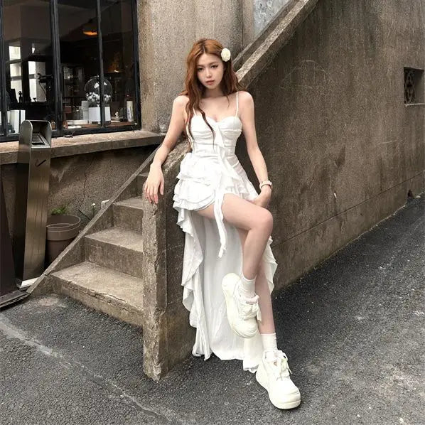 2025 Elegant Ruffle Hem High Low Dress Womens Sleeveless Spaghetti Strap White Gothic Vintage Fairycore Aesthetic Midi Dress