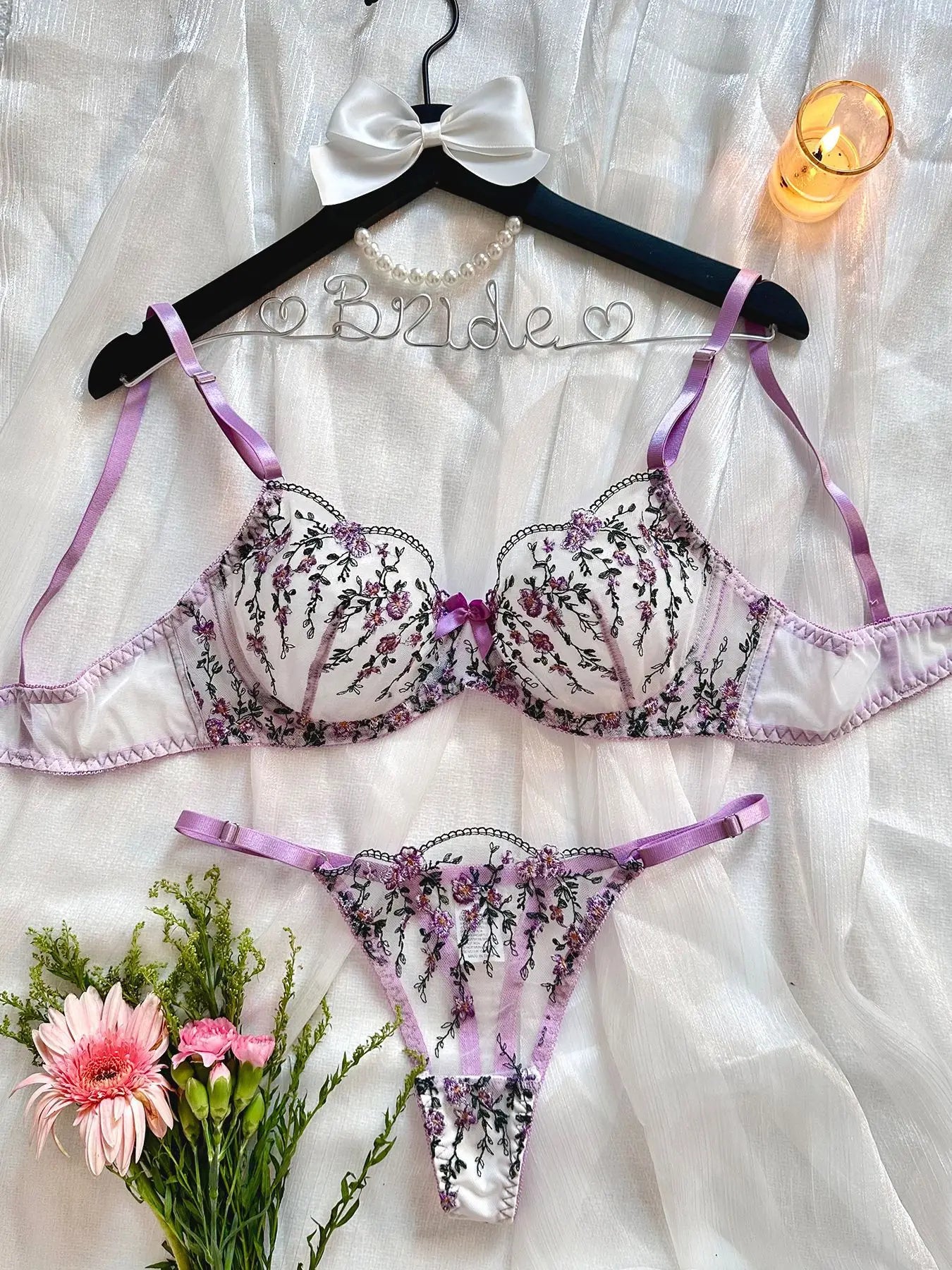 Sexy Women Lingeries Embroidery Floral Underwear Transparent Lace Short Low-waist Kits Sweet Delicate Fairy Bra Bra & Brief Sets