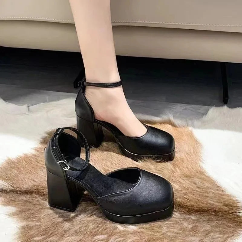 Barbie Style Women's Sandals with Buckle Waterproof Platform Fairy Tale Thick Heel High Heels Square Head French Style Shoes