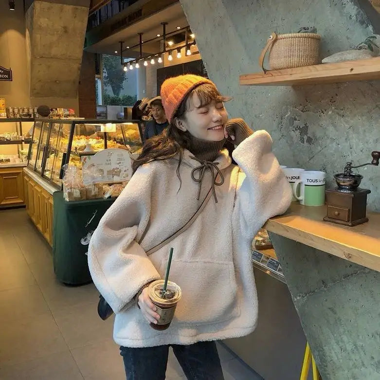 Plush Women Hoodie Solid Color Loose Pullover Hooded Korean Fashion Cold-proof Thicken Soft Spring Hooded Sweatshirts худи 후드티