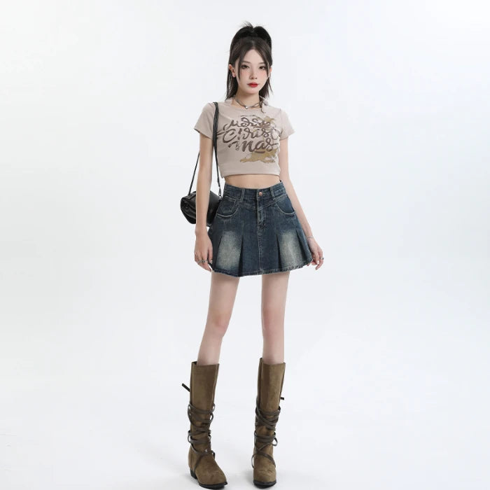 American Sle Versatile High Waist Denim  Skirt Women's Summer New plus Size Pleated Skirt Small Size Slim A-Line ves