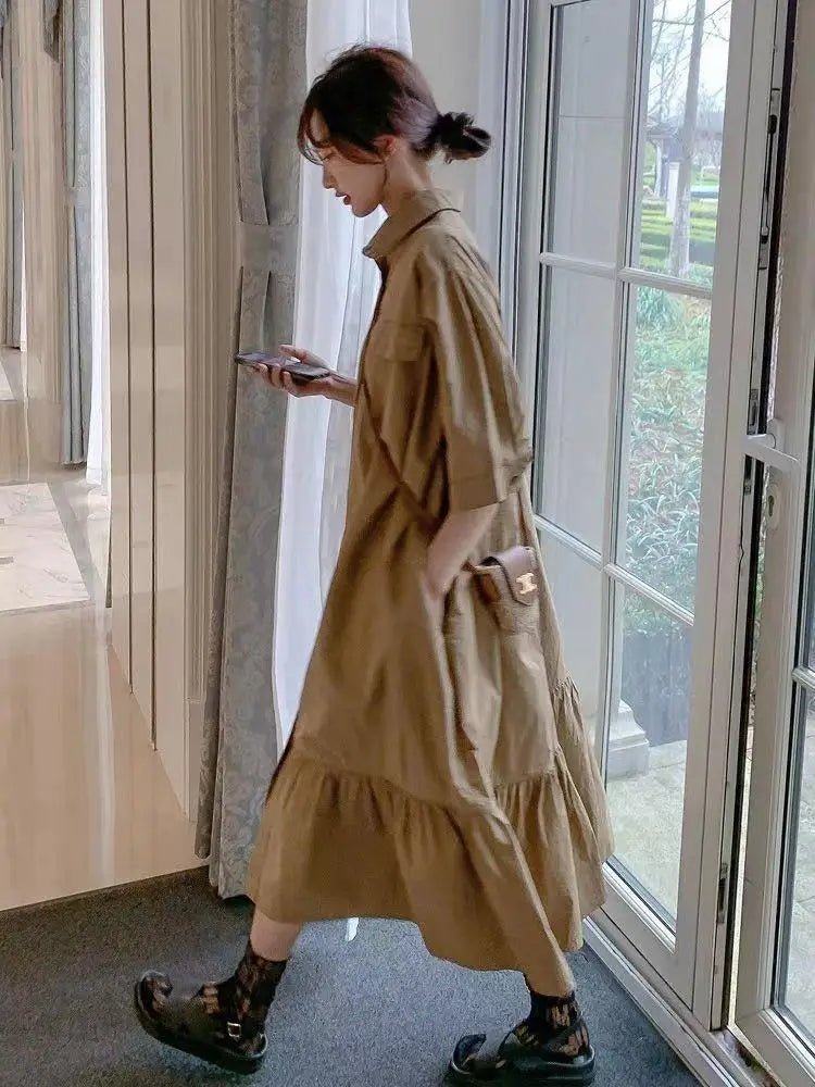 plus Size Khaki Shirt Dress Women Casual Summer Loose Fit High Waist A-Line Skirt Long Sleeve Polo Collar Polyester Fiber